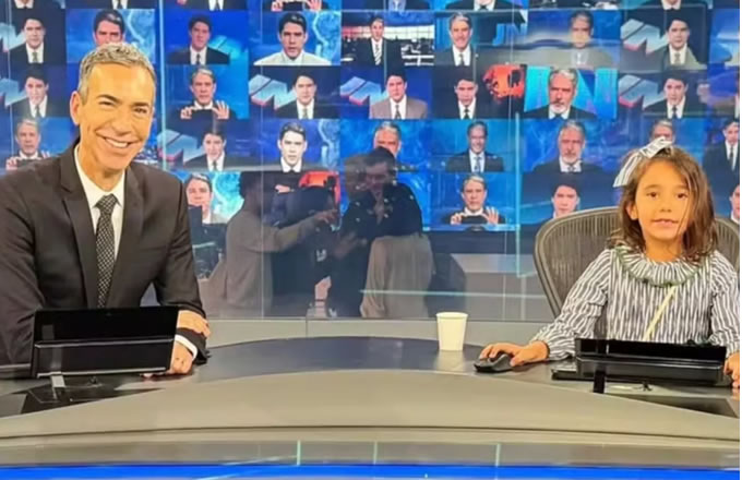 César Tralli faz ‘esquenta’ na bancada do Jornal Nacional ao lado da filha